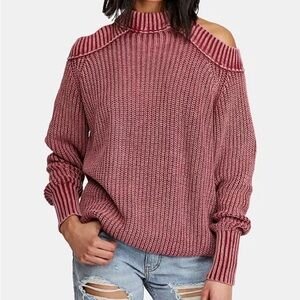 EUC Free People 100% Cotton Pink Half Moon Bay Cold Shoulder Sweater Size XS